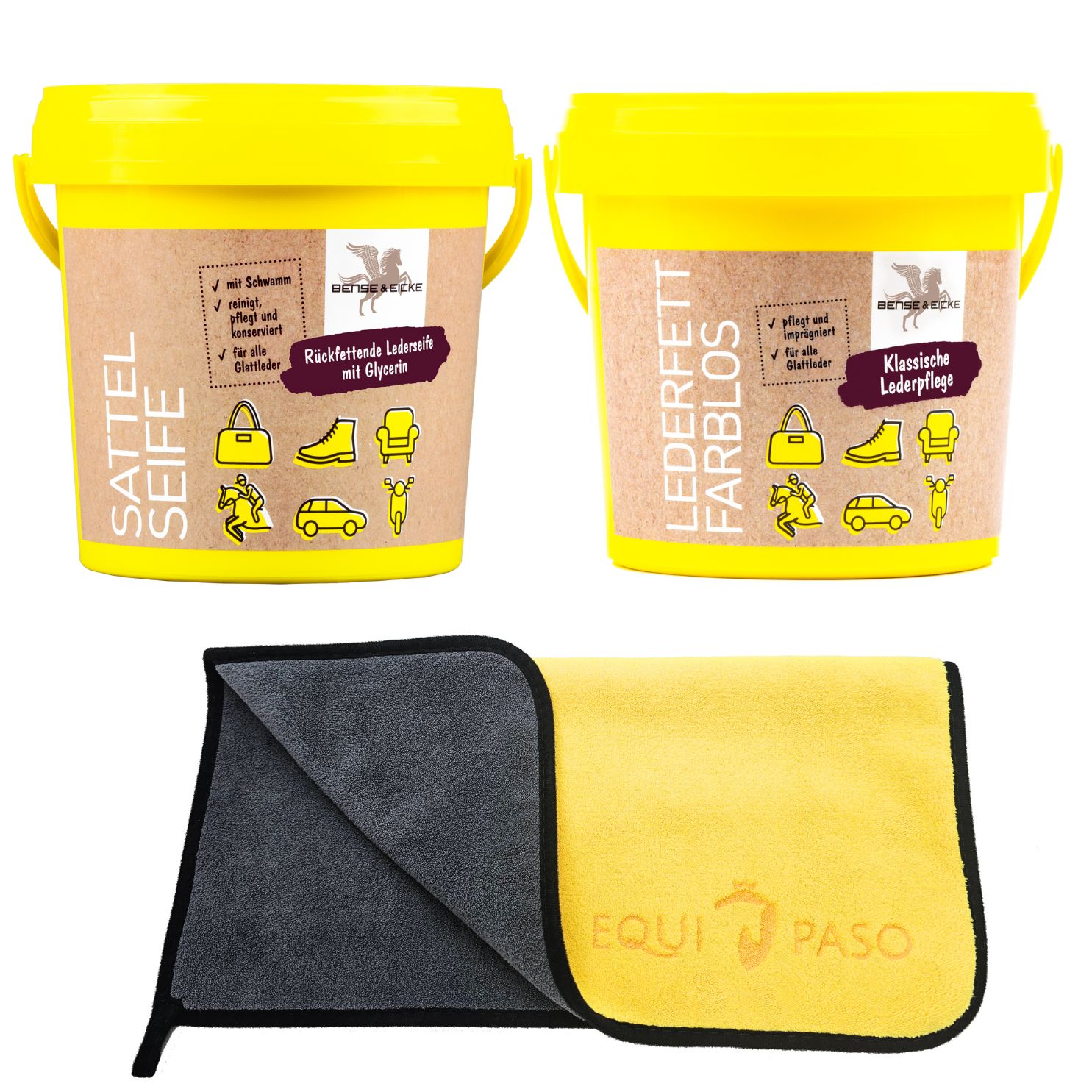 Equipaso | B&E Sattelseife 1 l, Lederfett farblos 500 ml + Tuch
