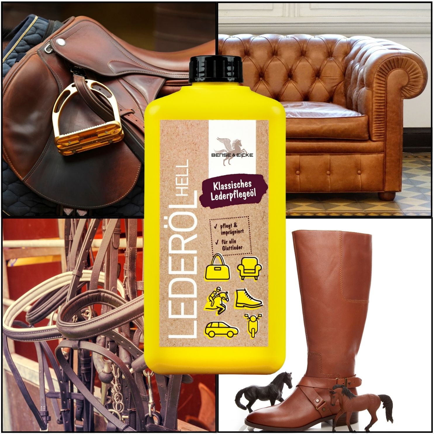 Equipaso | B&E Lederöl hell 1 l, Lederfett 100 ml, Multi Cleaner 95 ml + Tuch