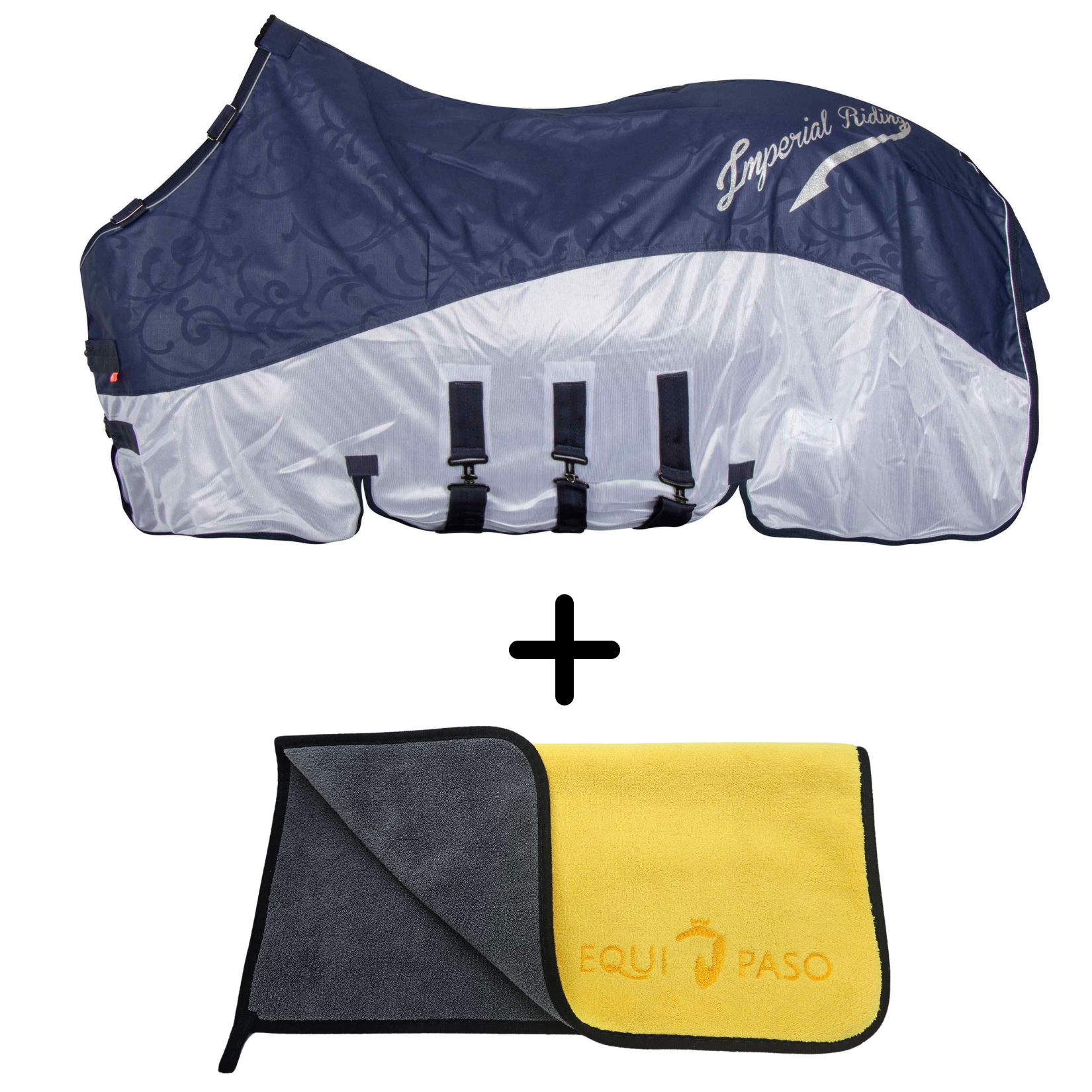 Imperial Riding | Set - Regen- & Fliegendecke Super Dry + Equipaso Mikrofasertuch Navy | 195