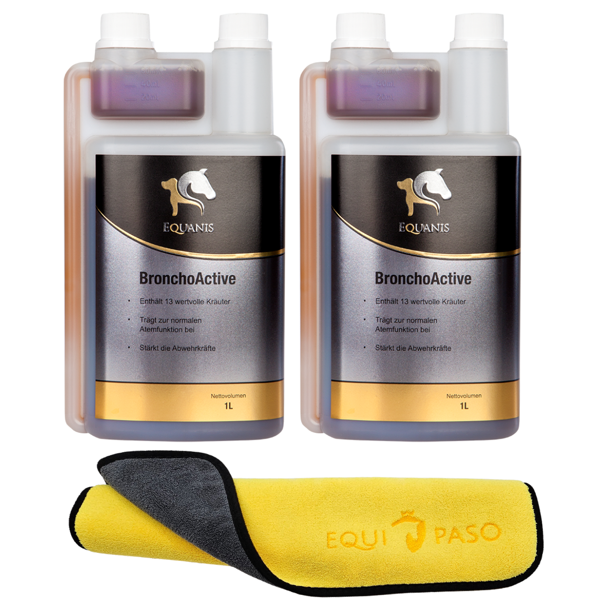 Set Equanis | Broncho Active | 2 x 1 Liter flüssig | Stärkt Immunsystem & lindert Husten + Mikrofasertuch