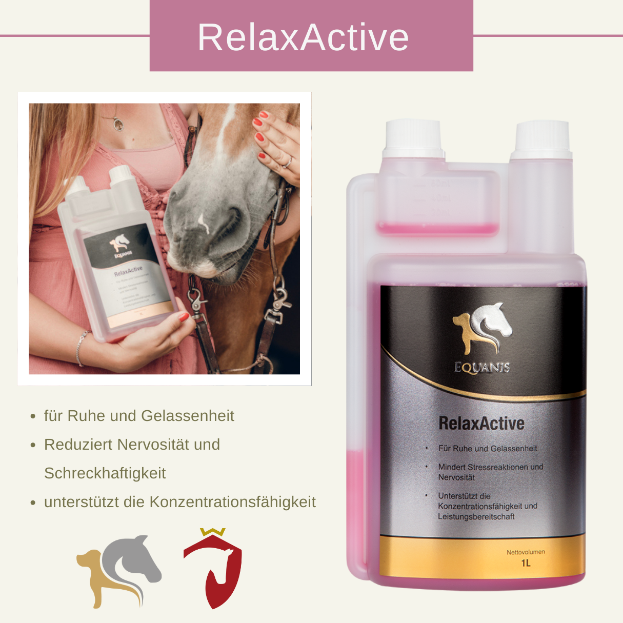 Set Equanis | Relax Active | 2x 1 Liter flüssig | Ruhe und Gelassenheit für ihr Pferd + Tuch