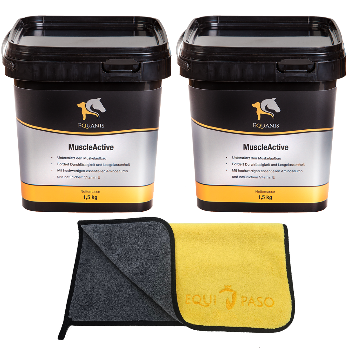 Set  Equanis | Muscle Active | 2x 1,5 kg Pellets | Optimaler Muskelaufbau, -erhaltung + Tuch