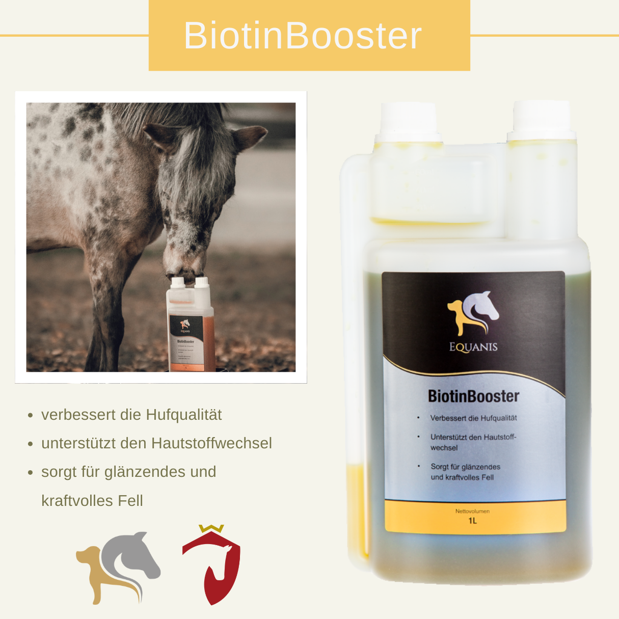 Set Equanis | Biotin Booster  | 2x 1 Liter flüssig | gute Hufe, besseres Fell & Haut + Tuch
