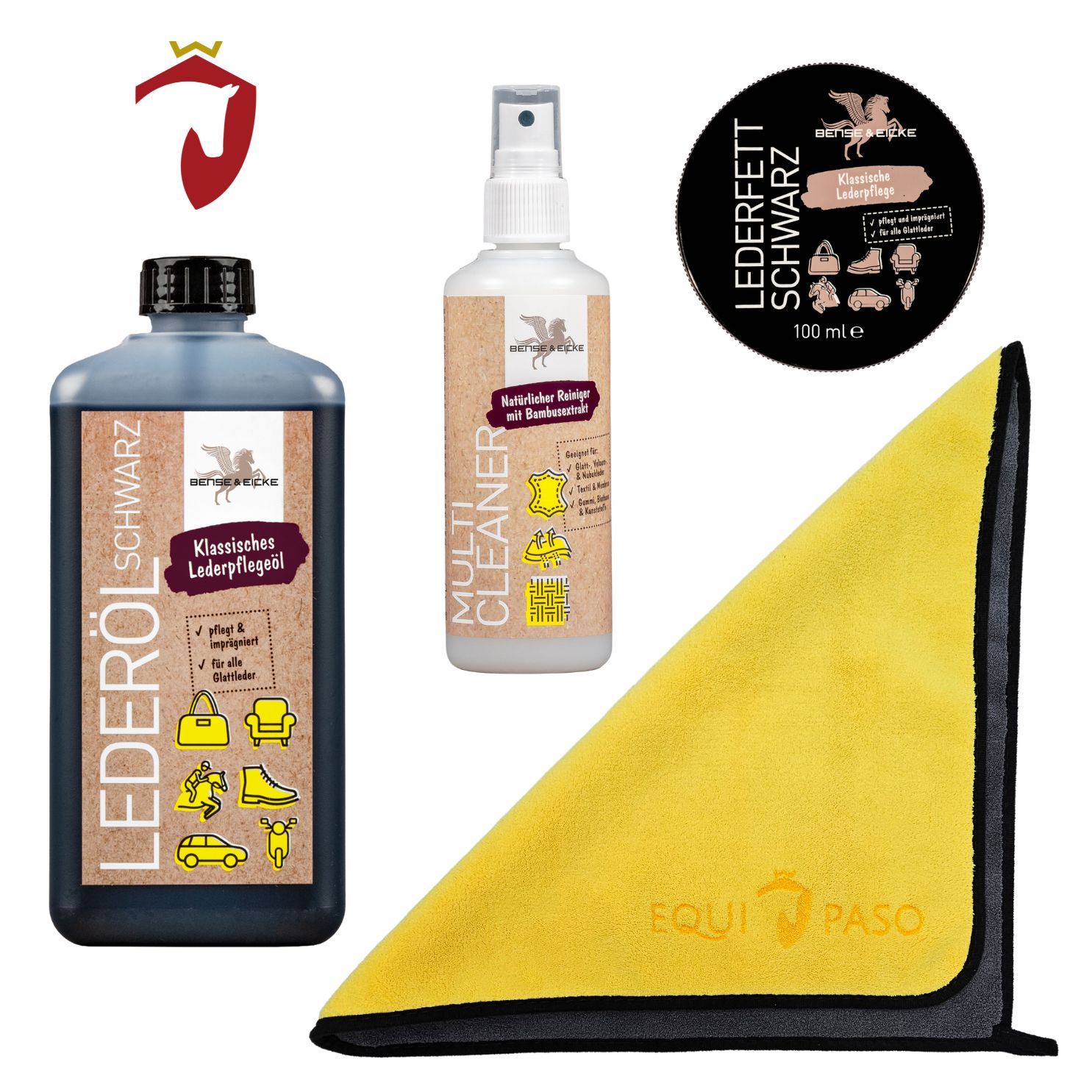 Equipaso | B&E Lederöl schwarz 1 l, Lederfett schwarz 100 ml, Multi Cleaner 95 ml + Tuch