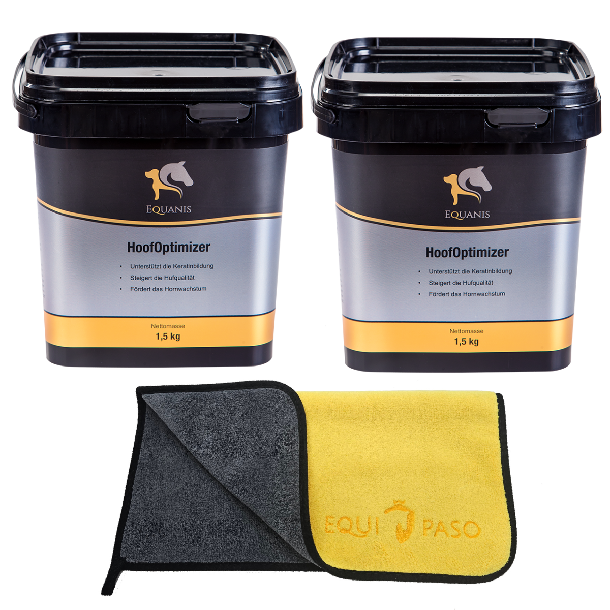 Set Equanis | Hoof Optimizer | 2x 1,5 kg Pellets | Pflege von innen für gesunde Hufe  + Tuch