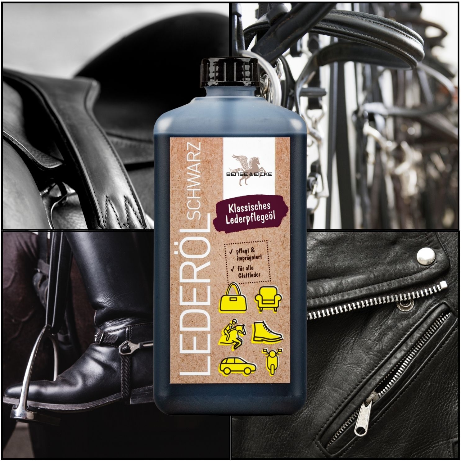 Equipaso | B&E Lederöl schwarz 1 l, Lederfett schwarz 100 ml, Multi Cleaner 95 ml + Tuch