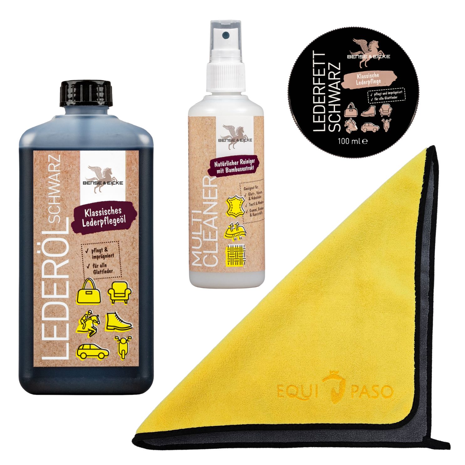 Equipaso | B&E Lederöl schwarz 1 l, Lederfett schwarz 100 ml, Multi Cleaner 95 ml + Tuch