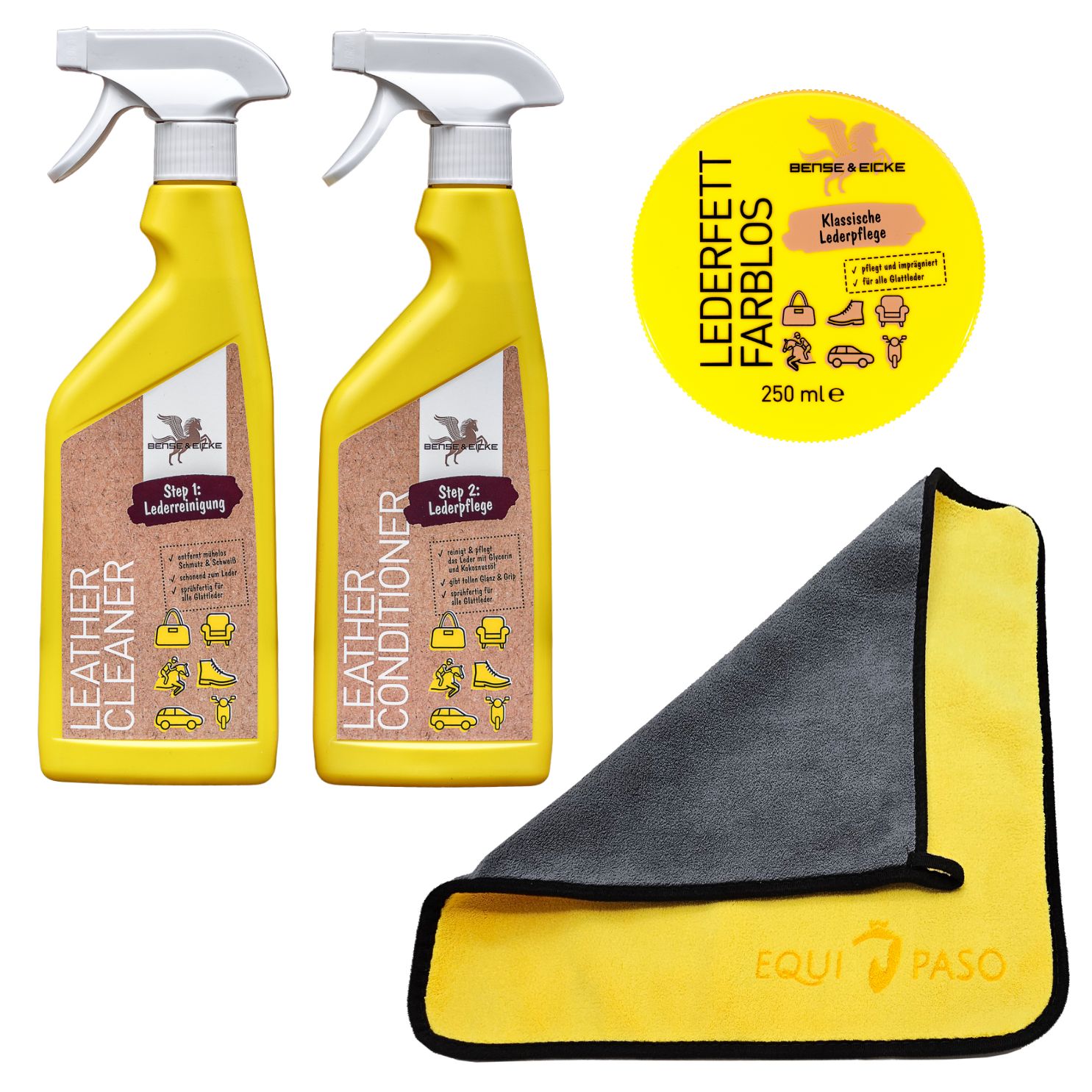 Equipaso | Lederreiniger 500 ml + Leder Conditioner 500 ml + Lederfett farblos 250 ml + Tuch