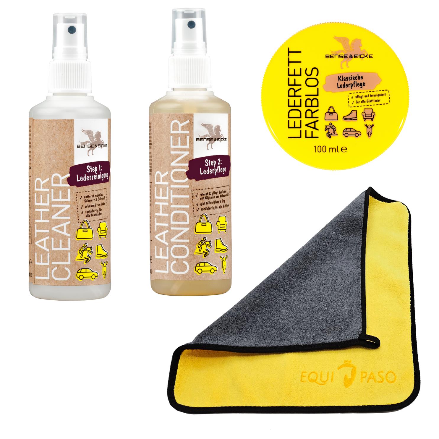 Equipaso | Test Set Lederreiniger 100 ml + Leder Conditioner 100 ml + Lederfett farblos 100 ml + Tuch