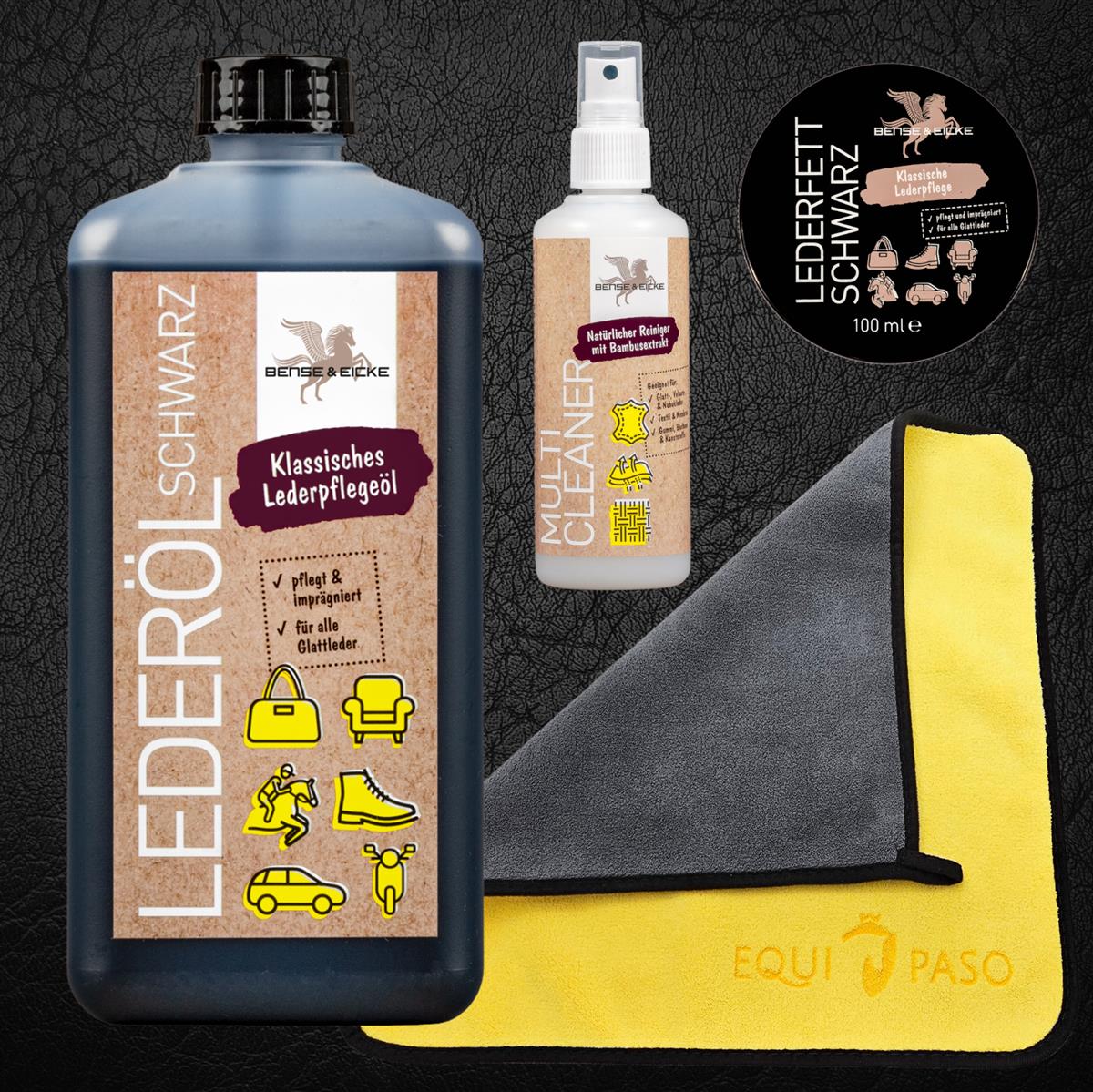 Equipaso | B&E Lederöl schwarz 1 l, Lederfett schwarz 100 ml, Multi Cleaner 95 ml + Tuch